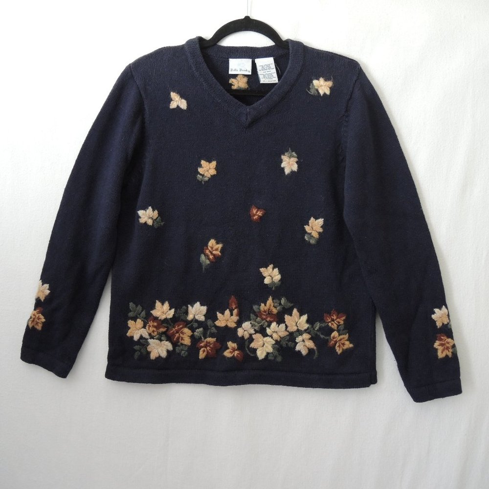 Embroidered Sweater w/ Fall Leaves, Ivy, Flowers on Dark Blue Size Medium